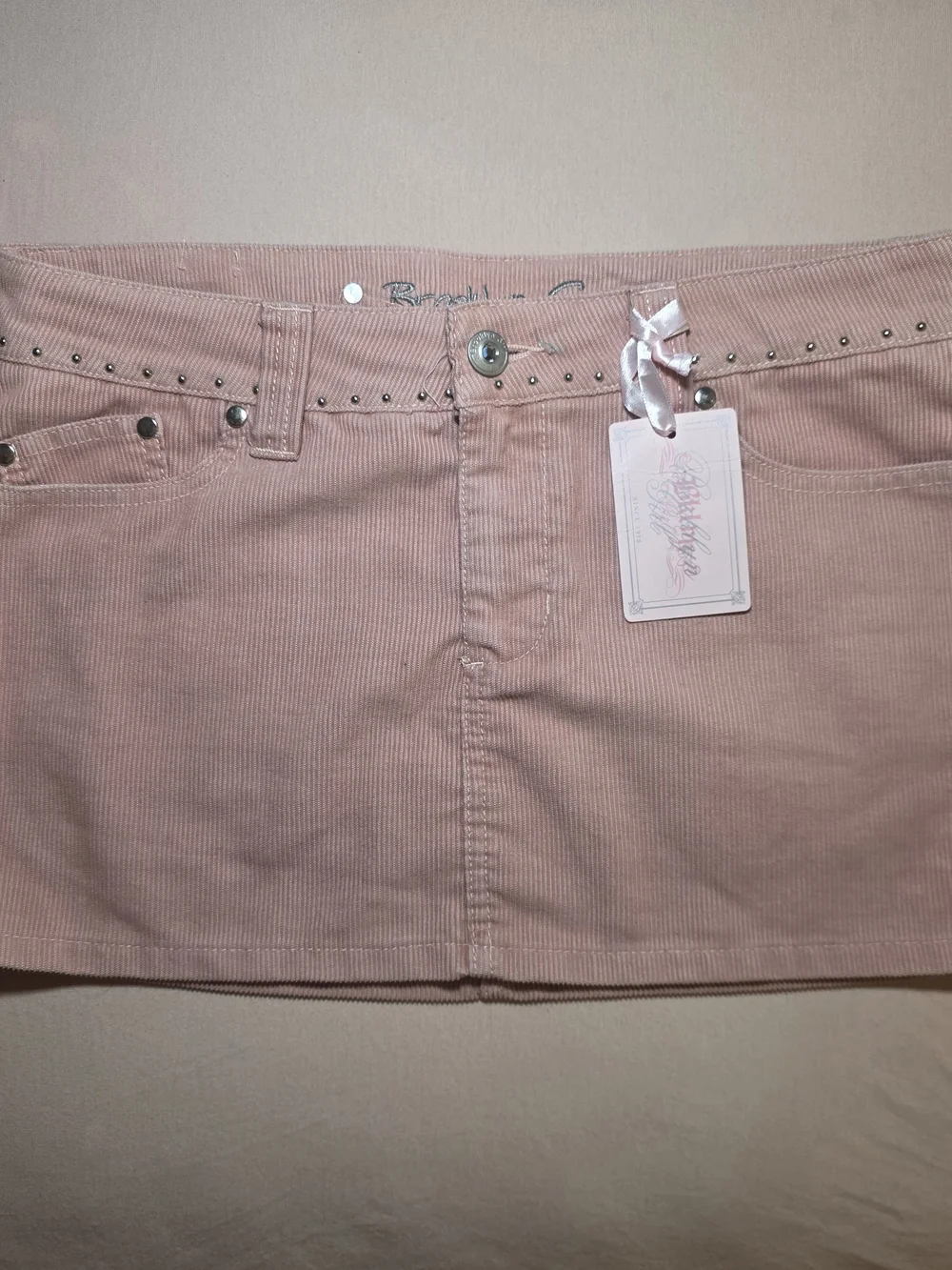 Women's Blush Pink Corduroy Mini Skirt with Studded Waistband